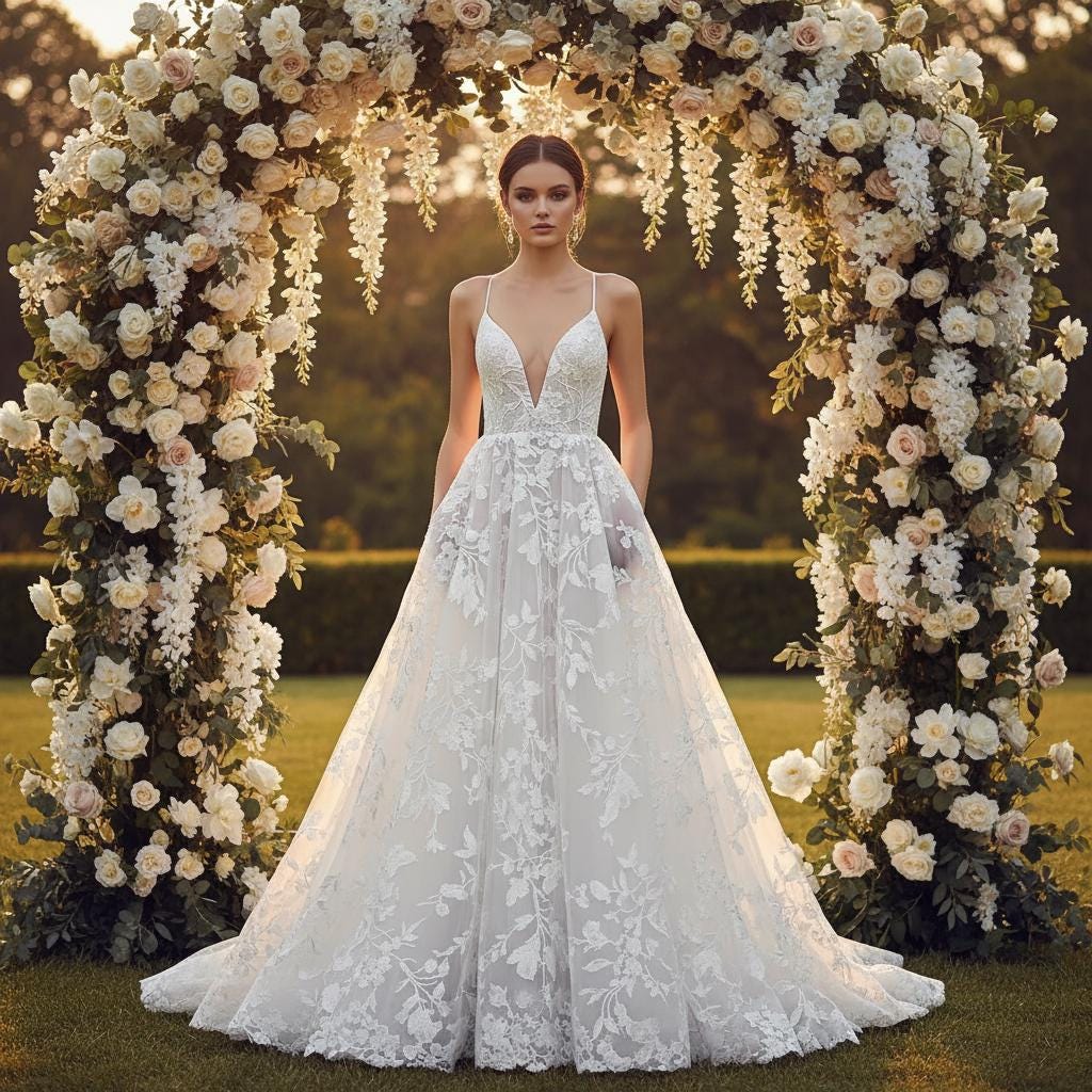 White Lace Strapless Midi Dress Elegant V Neck Hollow Out Princess Style