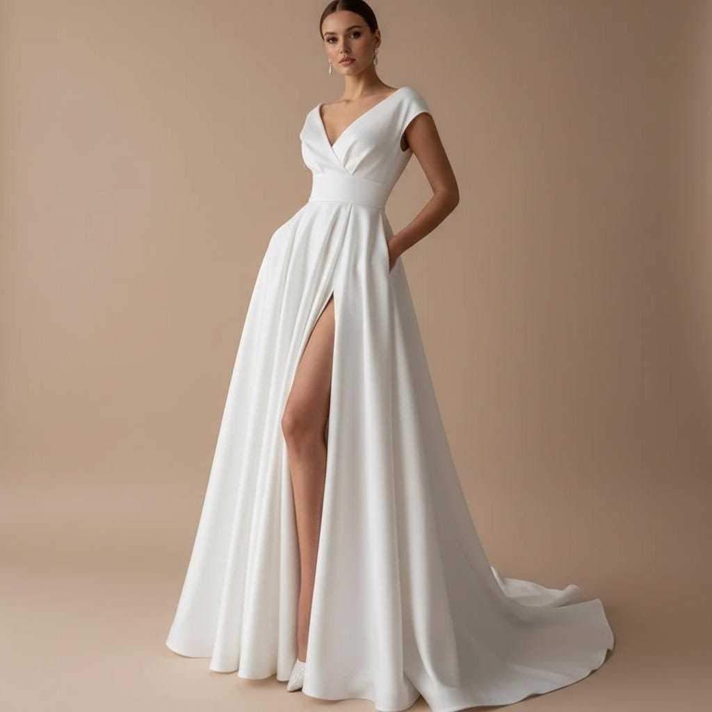 Boho Wedding V Neck Ruffle Split Dress Slim Bridal Guest Dress