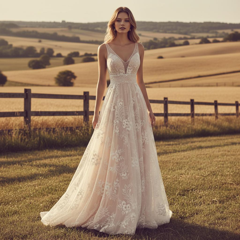 Boho Lace V Neck Sleeveless Wedding Dress Elegant Back Zip Gown