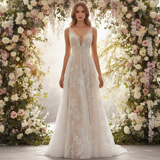 Boho Lace V Neck Sleeveless Wedding Dress Elegant Back Zip Gown