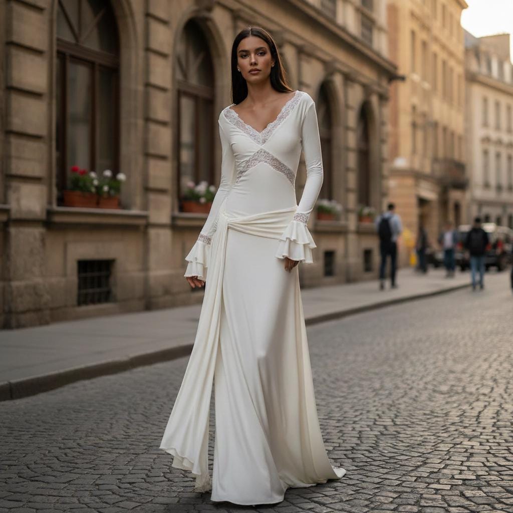 Boho Lace Ruched Maxi Dress V Neck Long Sleeve Backless Dress