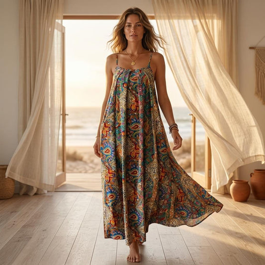 Plus Size Boho Paisley Maxi Dress Spaghetti Strap Loose Summer Dress