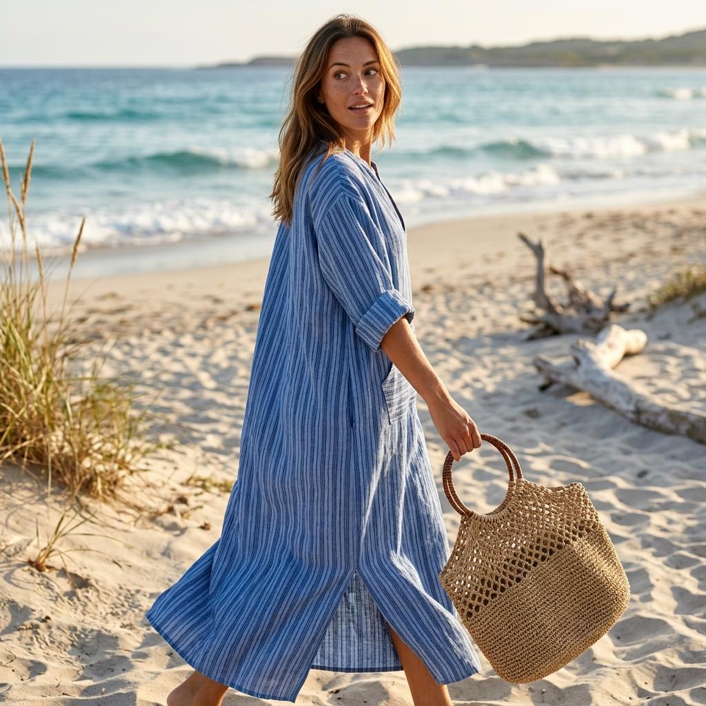 Boho Striped Cotton Linen Maxi Dress Short Sleeve Beach Pocket Dress