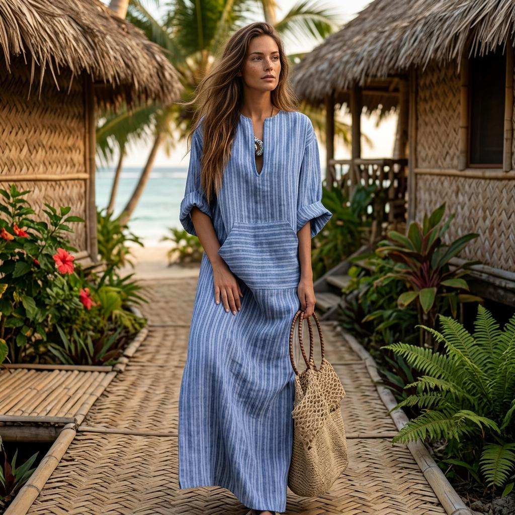 Boho Striped Cotton Linen Maxi Dress Short Sleeve Beach Pocket Dress