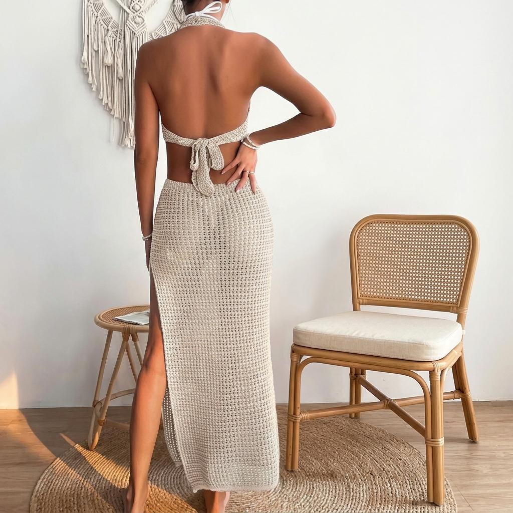 Elegant Wool Knit Dress Hollow Detail Round Neck Chic Women Outfit