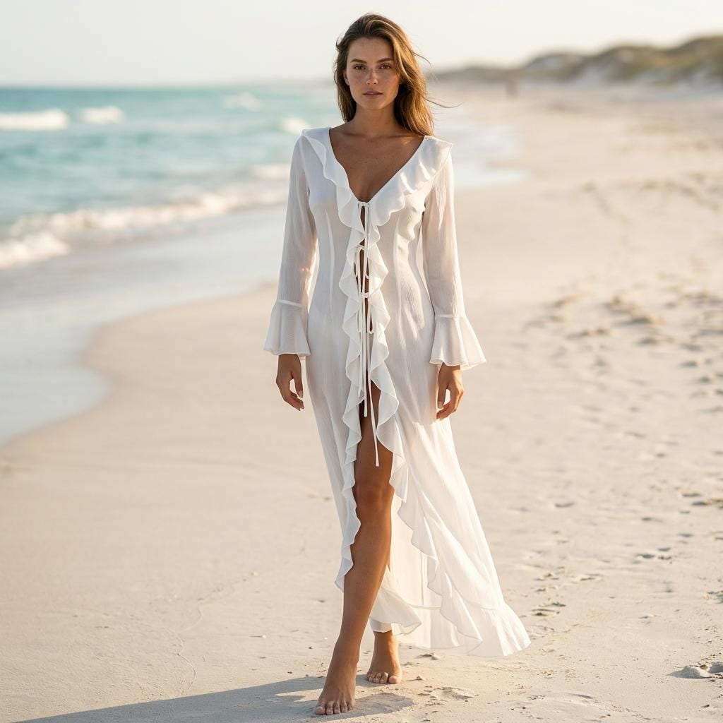 Chiffon Beach Cover Up Dress V Neck Ruffle Long Sleeve