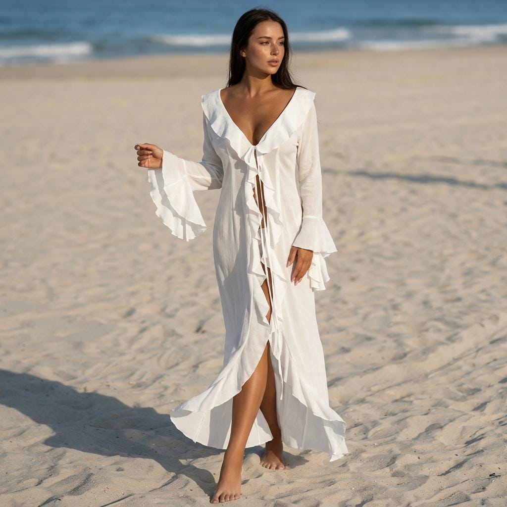 Chiffon Beach Cover Up Dress V Neck Ruffle Long Sleeve