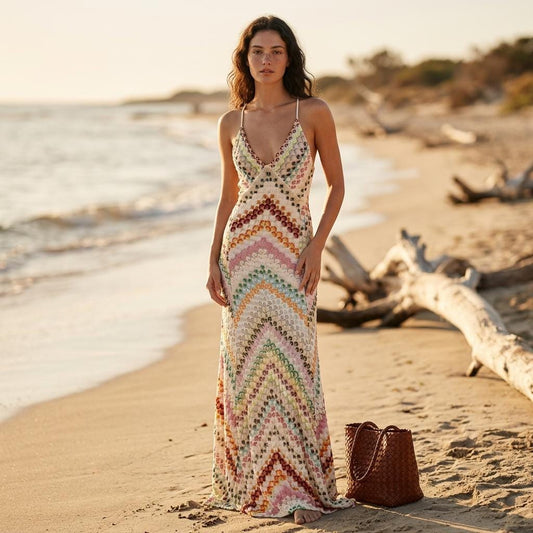 Boho Maxi Dress Deep V Neck Sleeveless Summer Holiday Party Dress