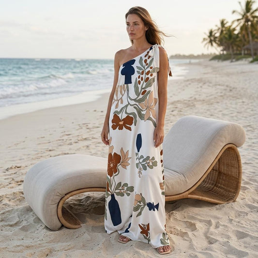 Elegant Off Shoulder Floral Maxi Dress Sleeveless Loose Vacation Party Dress