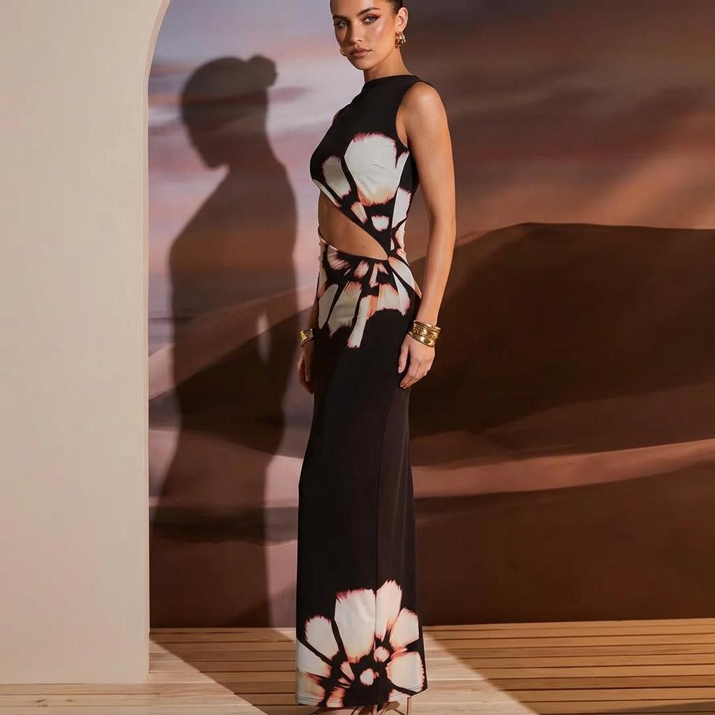 Sexy Hollow Out Printed Maxi Dress Sleeveless Slim Summer Party Dress