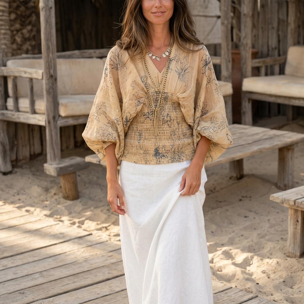 Boho Tie Dye V Neck Long Sleeve Slim Blouse Women