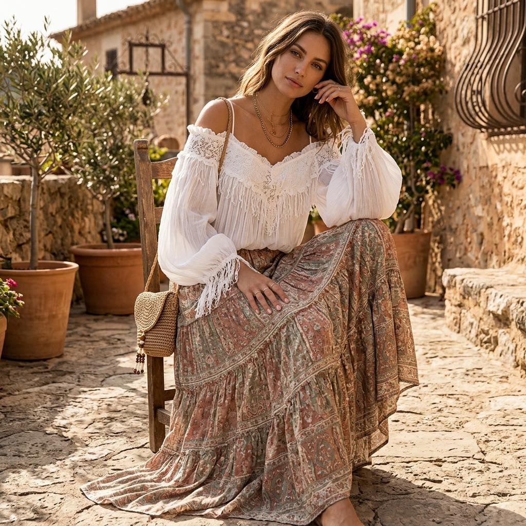 Boho Lace Off Shoulder Blouse Ruffled Lantern Sleeve Fringe Top