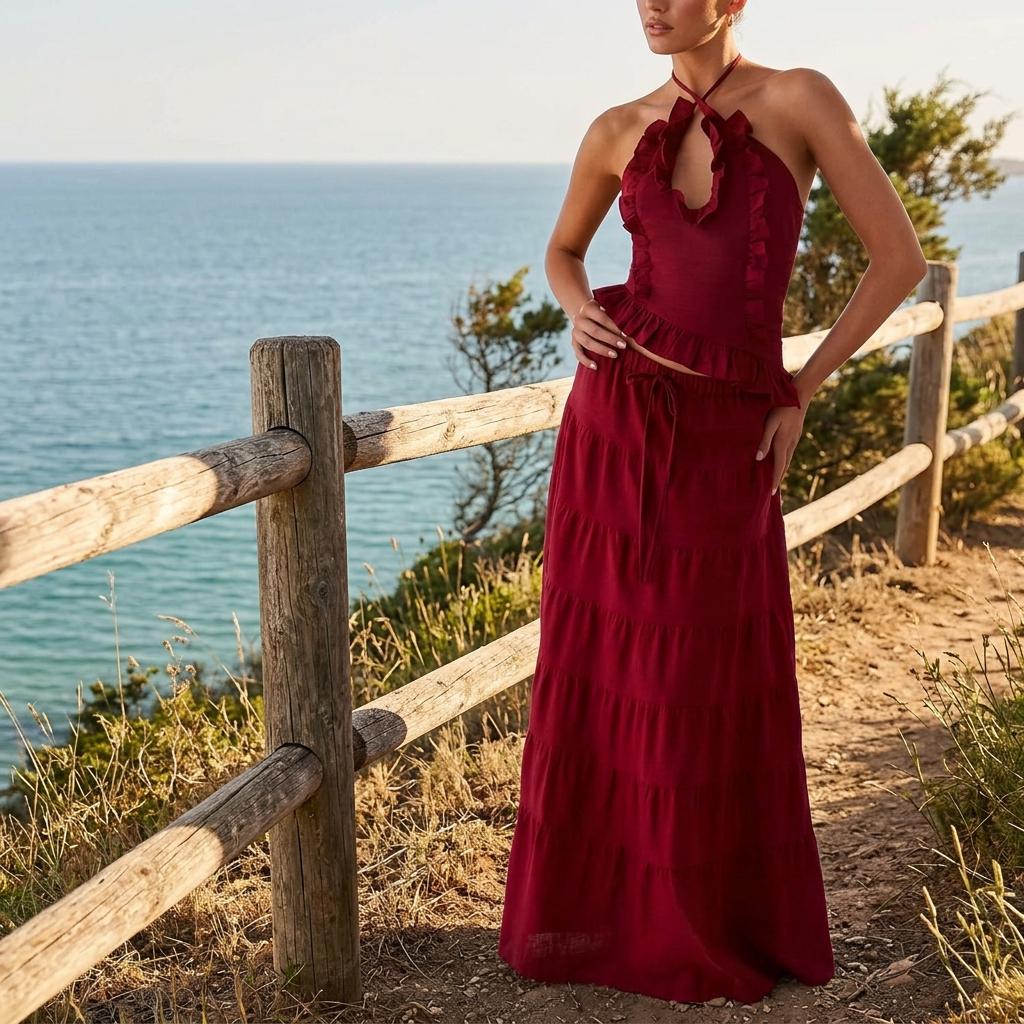 Boho Summer Two Piece Skirt Set Halter Top Ruffle Maxi Outfit