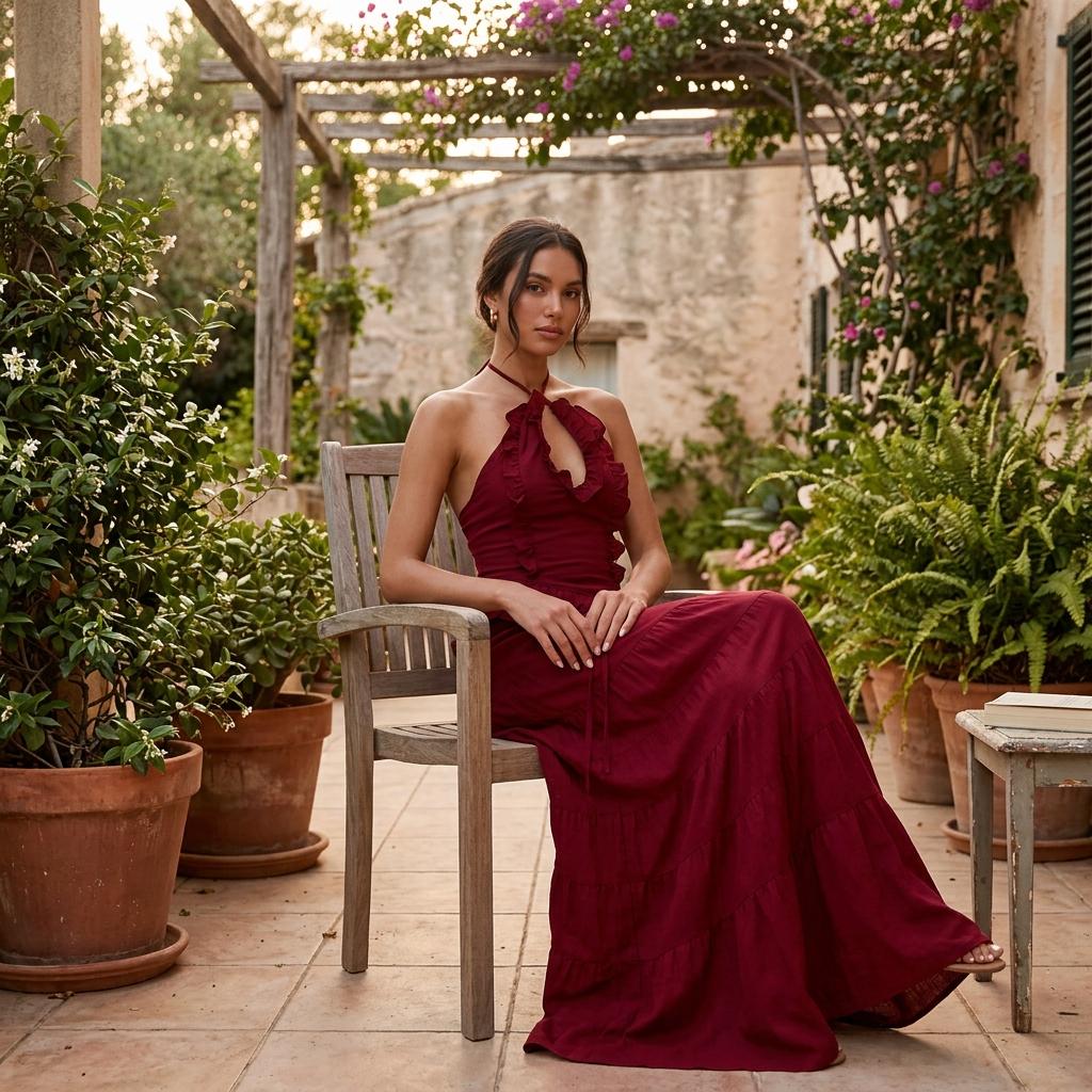 Boho Summer Two Piece Skirt Set Halter Top Ruffle Maxi Outfit
