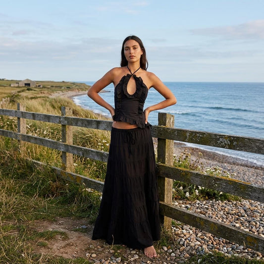 Women Boho Maxi Skirt Set Sexy Halter Top Beach Holiday Outfit