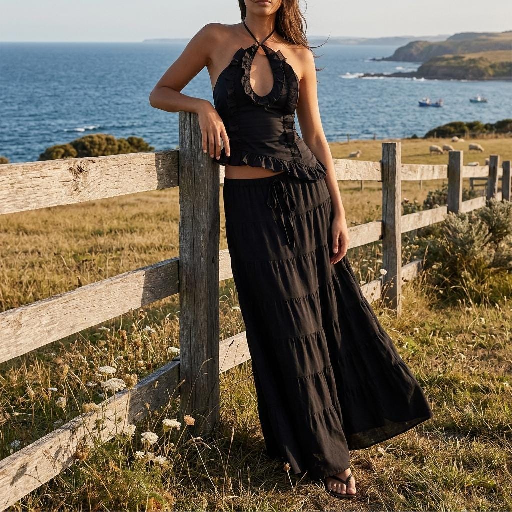 Women Boho Maxi Skirt Set Sexy Halter Top Beach Holiday Outfit