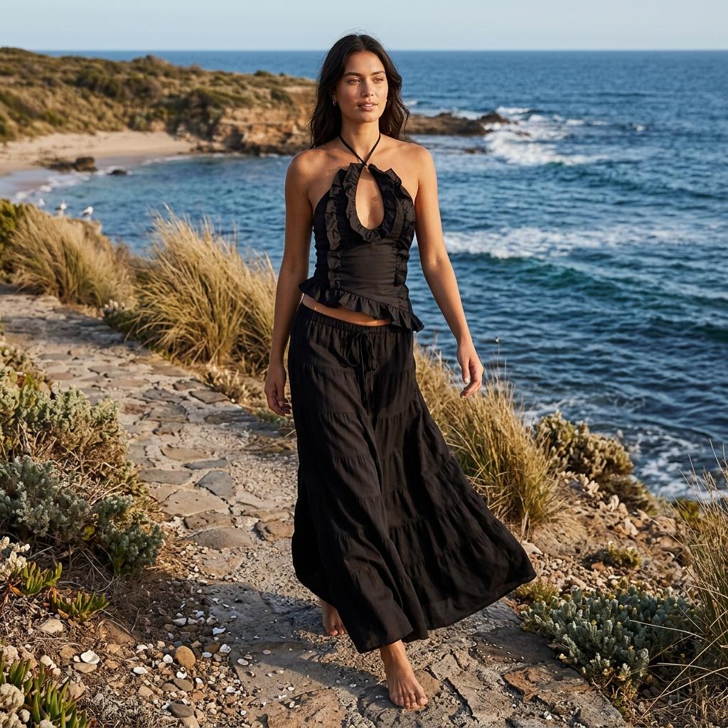 Women Boho Maxi Skirt Set Sexy Halter Top Beach Holiday Outfit
