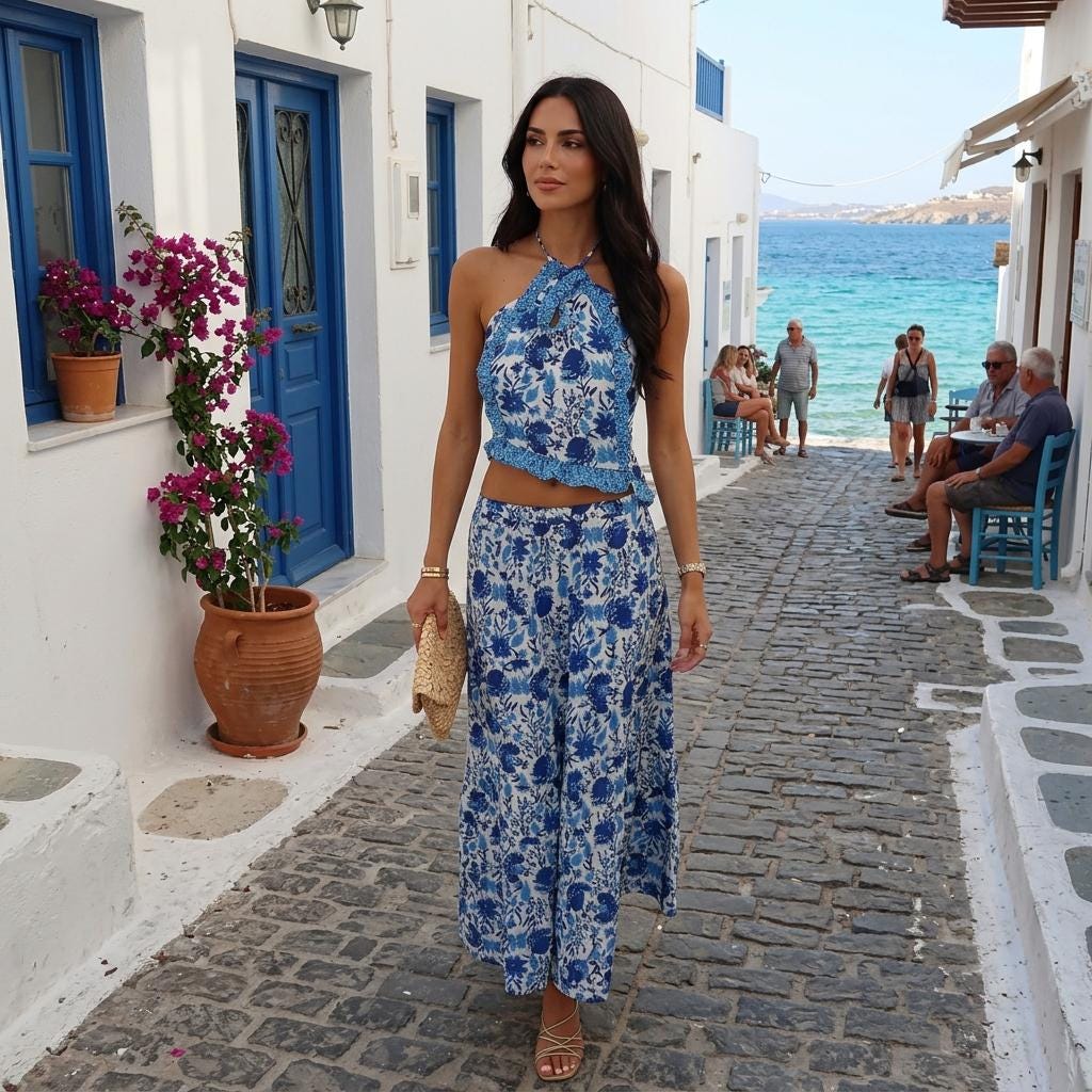 Y2K Beach Outfit Two Piece Maxi Skirt Set Ruched Halter Top