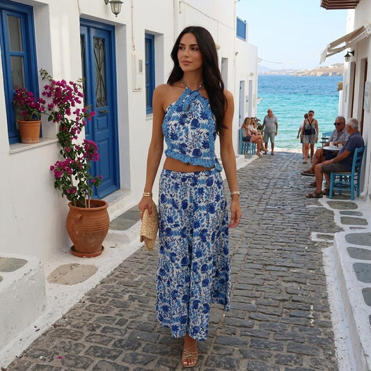 Y2K Beach Outfit Two Piece Maxi Skirt Set Ruched Halter Top