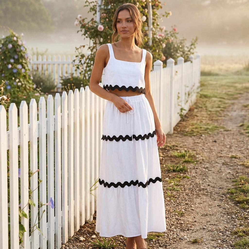 Boho Two Piece Set Square Neck Ruffle Crop Top Tiered Maxi Skirt