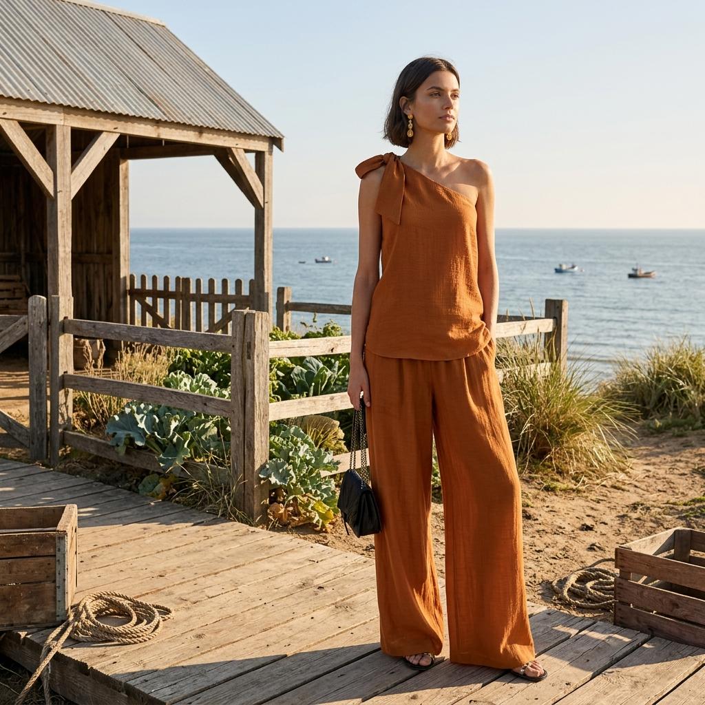 One Shoulder Tie Knot Top Wide Leg Pants Two Piece Set