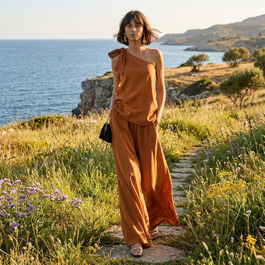 One Shoulder Tie Knot Top Wide Leg Pants Two Piece Set