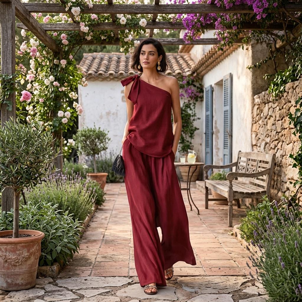 Summer Vacation One Shoulder Top and Pants Matching Set