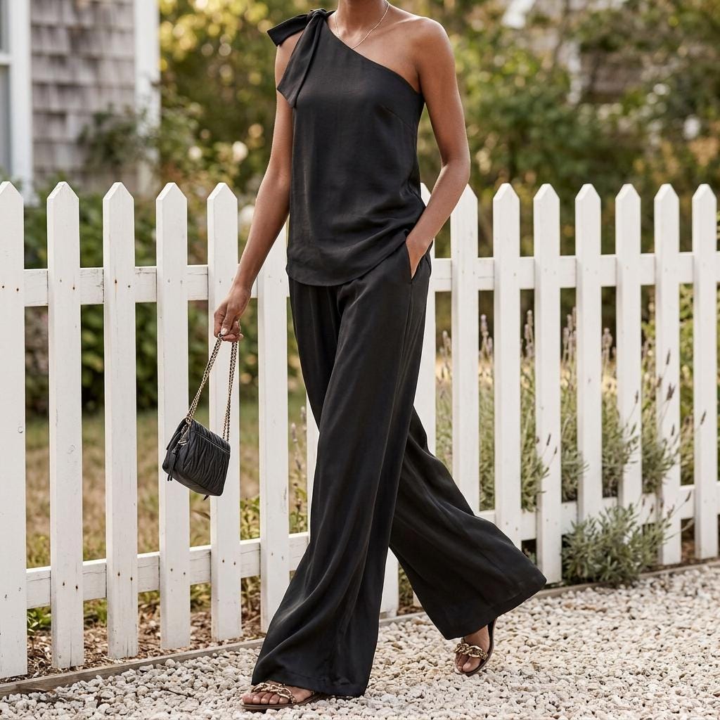 Elegant Sleeveless One Shoulder Wide Leg Pants Co Ord Set