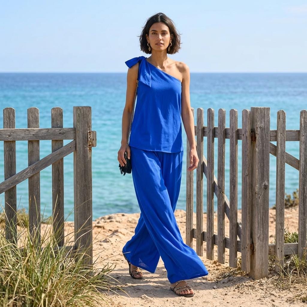Chic Hollow One Shoulder Top Wide Pants Two Piece Outfit