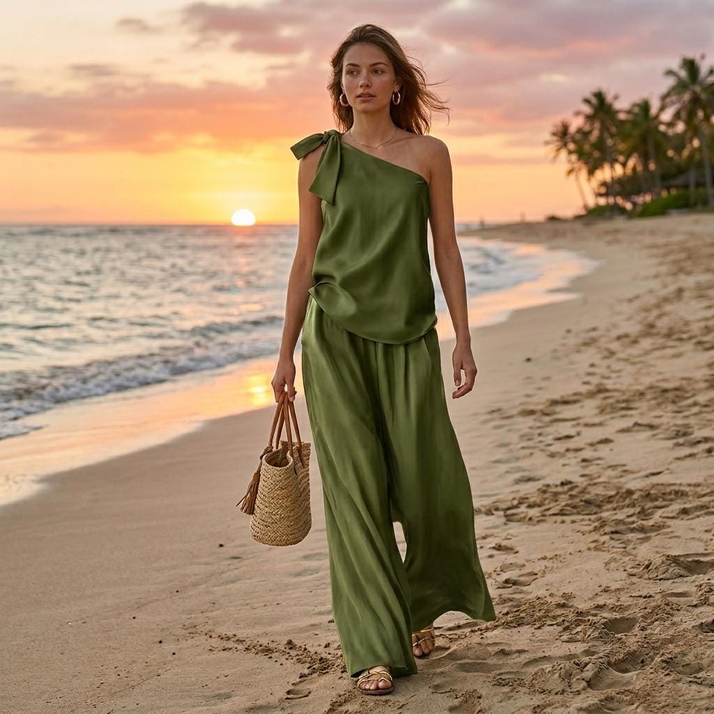 Minimalist One Shoulder Tie Top Wide Leg Pants Set Women