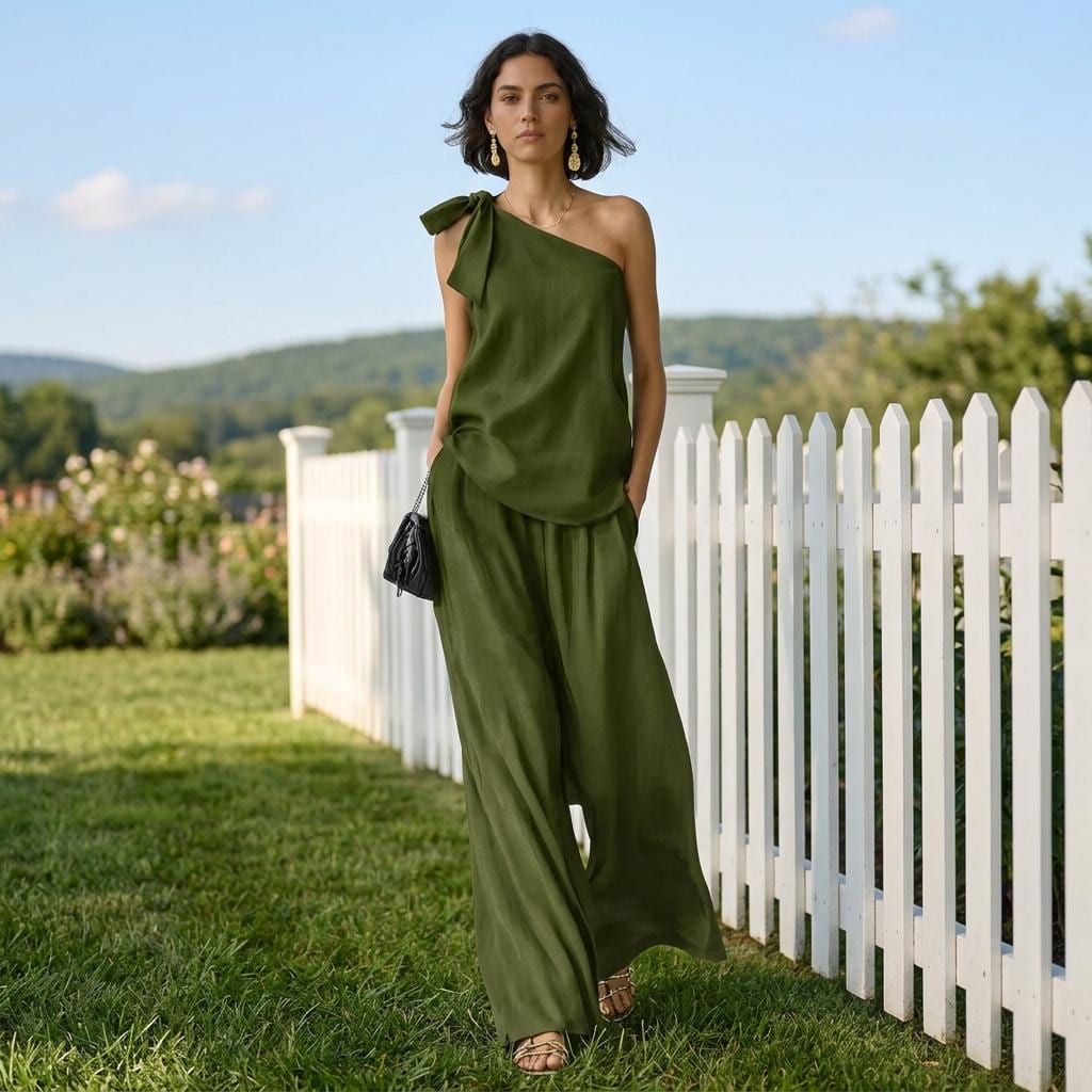 Minimalist One Shoulder Tie Top Wide Leg Pants Set Women