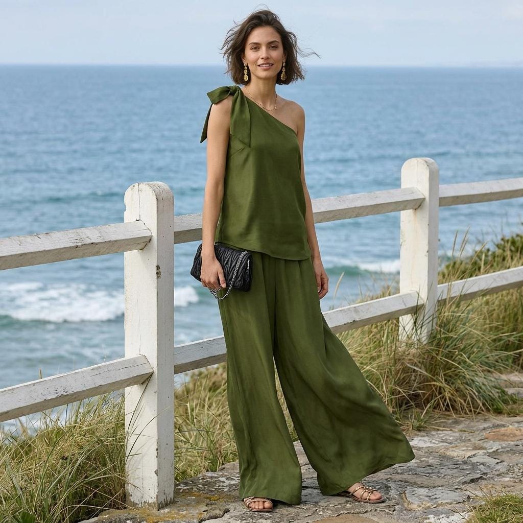 Minimalist One Shoulder Tie Top Wide Leg Pants Set Women