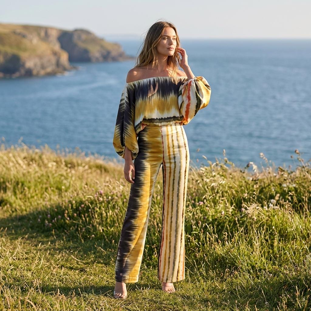 Women Satin Print Two Piece Set Off Shoulder Blouse Pants
