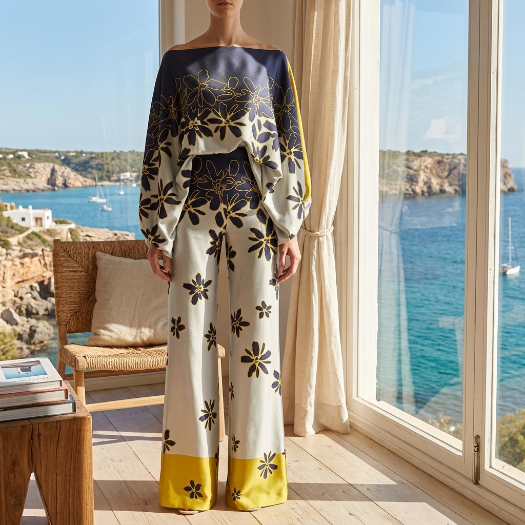Elegant Satin Two Piece Set Lantern Sleeve Blouse Pants