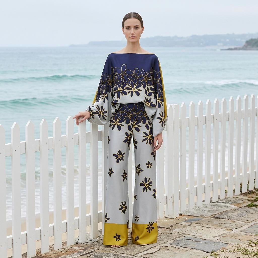 Elegant Satin Two Piece Set Lantern Sleeve Blouse Pants