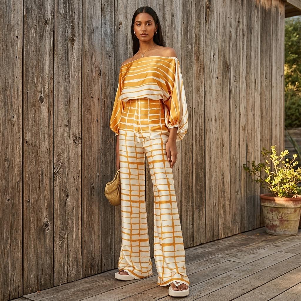 Off Shoulder Satin Blouse Wide Leg Pants Two Piece Set