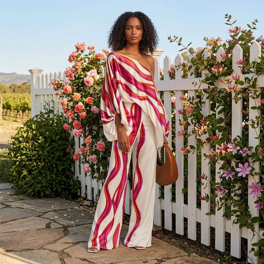 Fashion Satin Two Piece Set Printed Top Pants Outfit