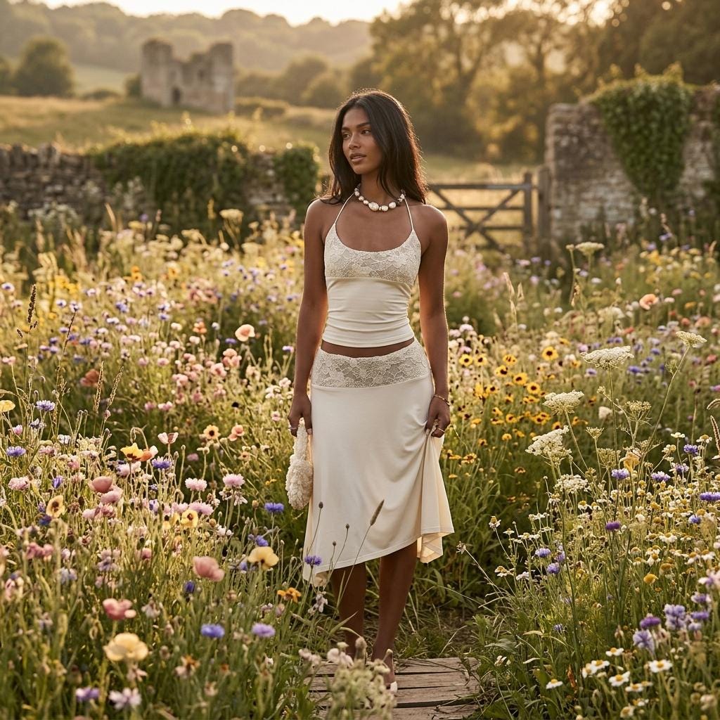 White Lace Patchwork Two Piece Set Halter Top A-Line Skirt