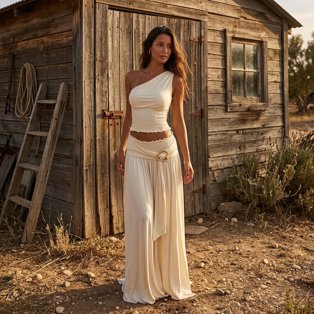 Elegant Ruched Two Piece Set Skew Neck Backless Top Skirt Outfit