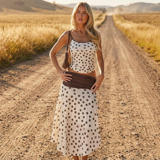 Summer Polka Dot Two Piece Set Crop Top Midi Skirt Y2K Outfit