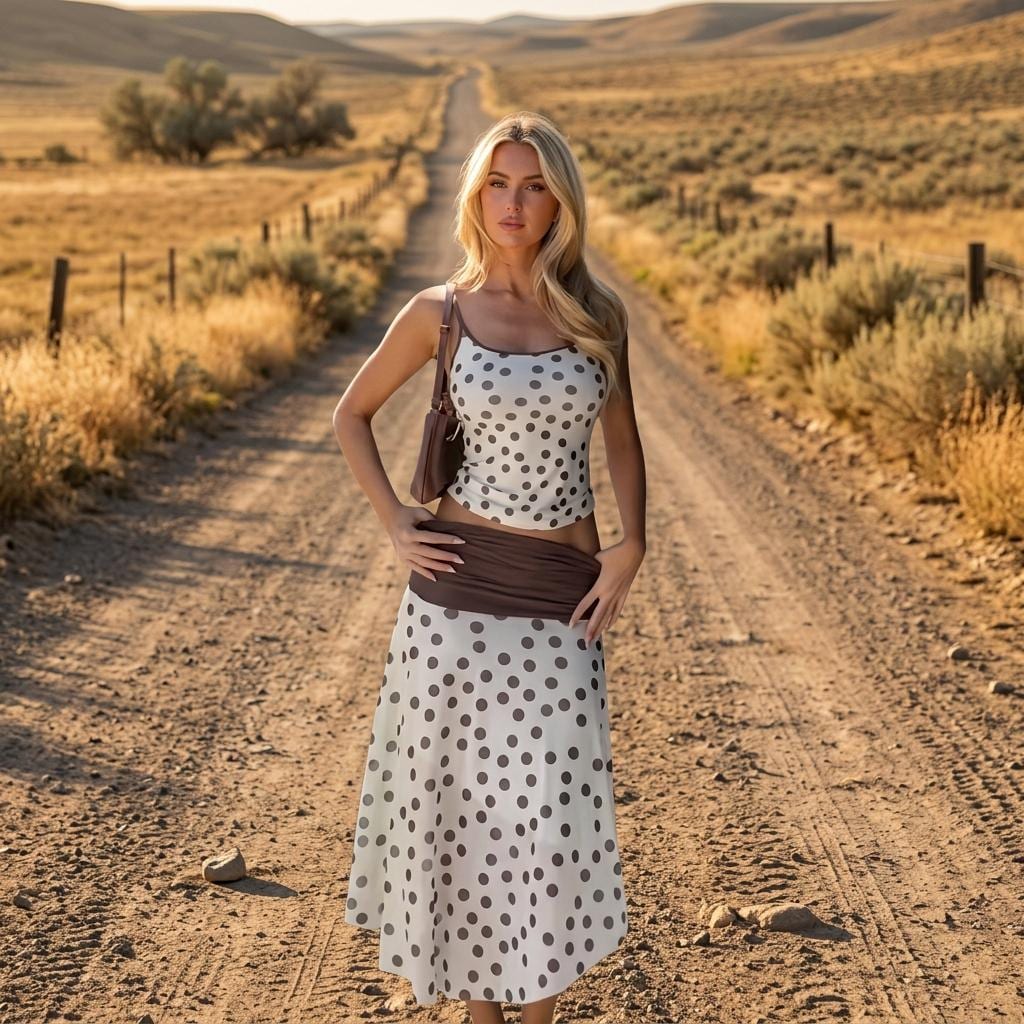Summer Polka Dot Two Piece Set Crop Top Midi Skirt Y2K Outfit