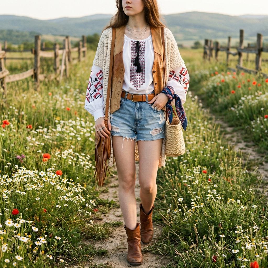 Vintage Printed Crew Neck Blouse with Belted Flared Sleeves for Women