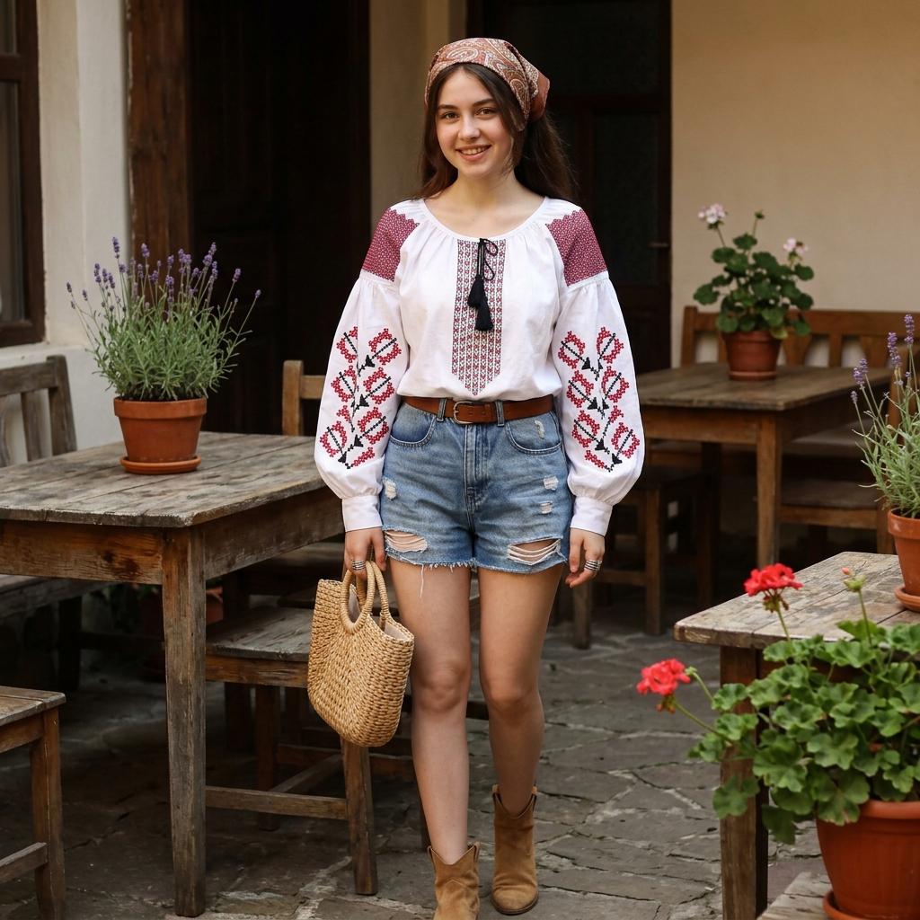 Vintage Printed Crew Neck Blouse with Belted Flared Sleeves for Women
