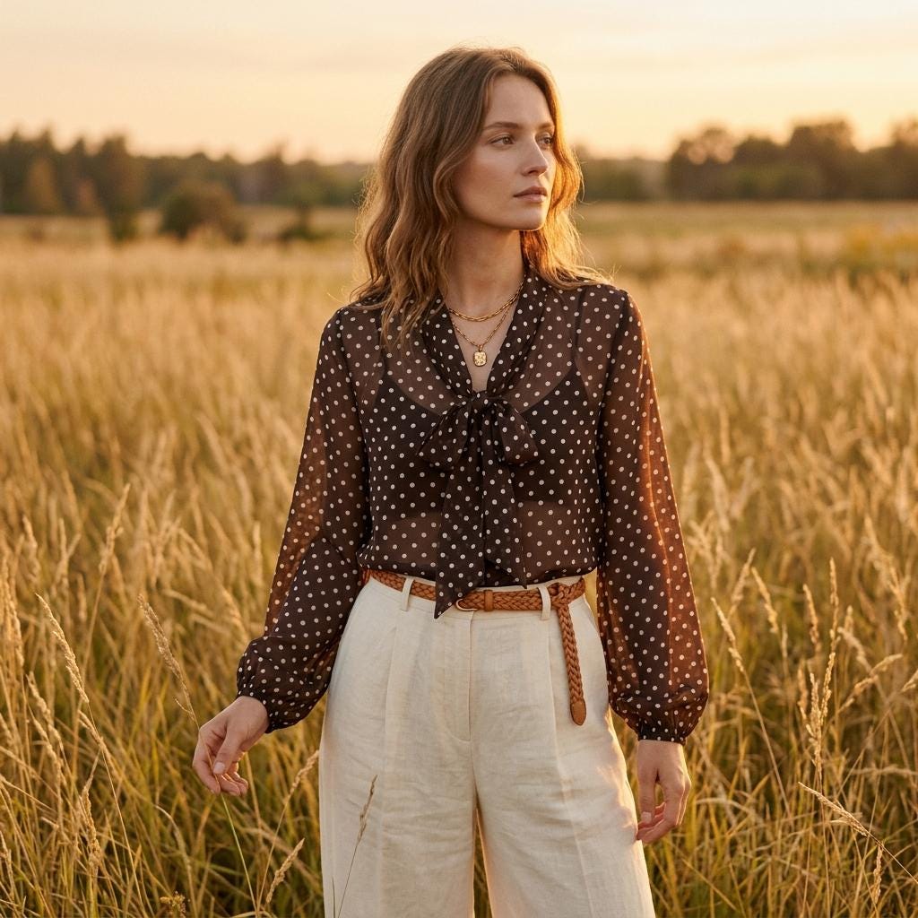 Elegant Polka Dot Chiffon Blouse Bow Tie Lantern Sleeve Office Top