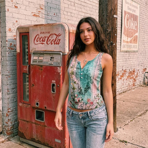 Boho Floral Button Tank Top Women’s Summer Sleeveless V Neck Cami