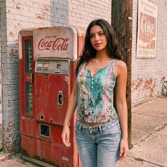 Boho Floral Button Tank Top Women’s Summer Sleeveless V Neck Cami