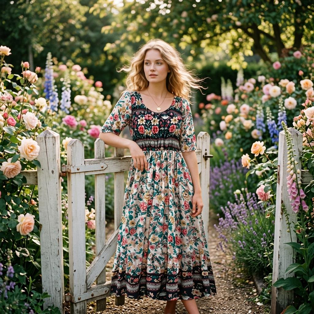 Chic Boho Floral Loose Maxi Dress Women Round Neck Summer Dress